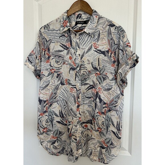 Lauren Ralph Lauren Womens XL Linen Button Up Shirt Tropical Floral Beach - Picture 2 of 10